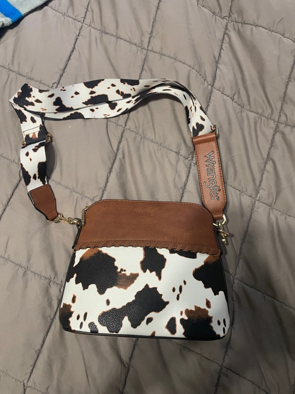 Wrangler Brown and White Cowprint Crossbody Bag with Branded Strap